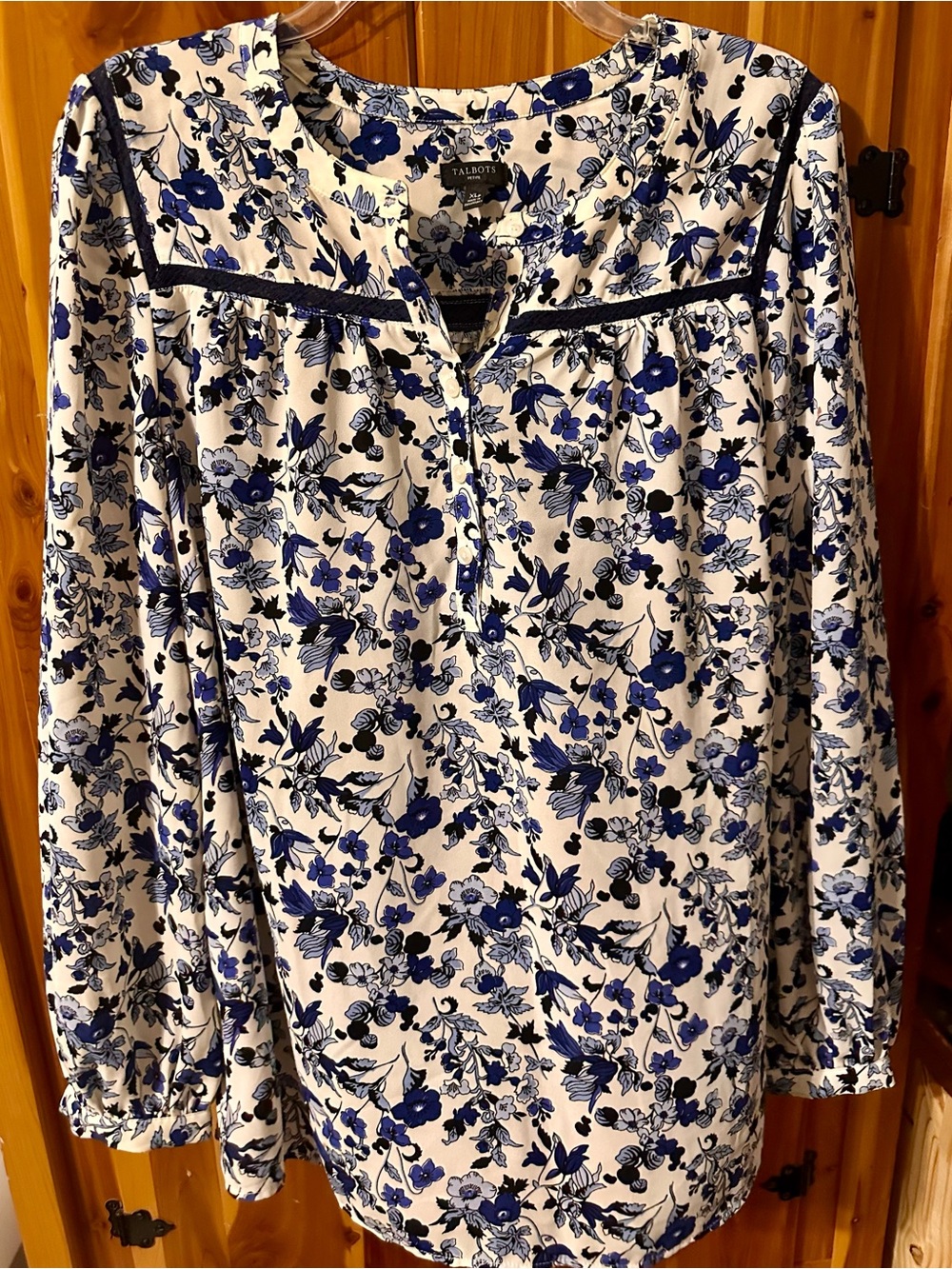 Talbots White and Blue Floral Long-Sleeve Blouse